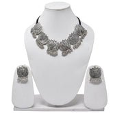 Silver Oxidized Traditional Lotus Style Choker Necklace With Matching Earring - Steorra Jewels