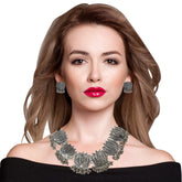Silver Oxidized Traditional Lotus Style Choker Necklace With Matching Earring - Steorra Jewels