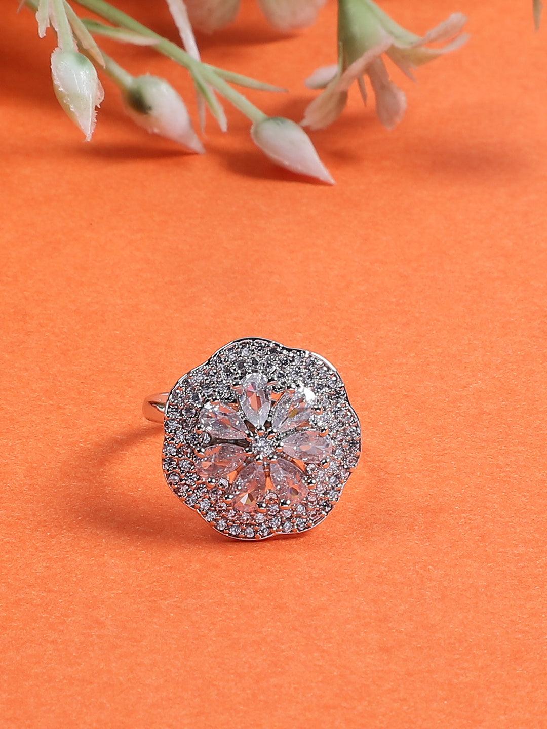 Silver Tone Round Shape American Diamond Adjustable ring - Steorra Jewels