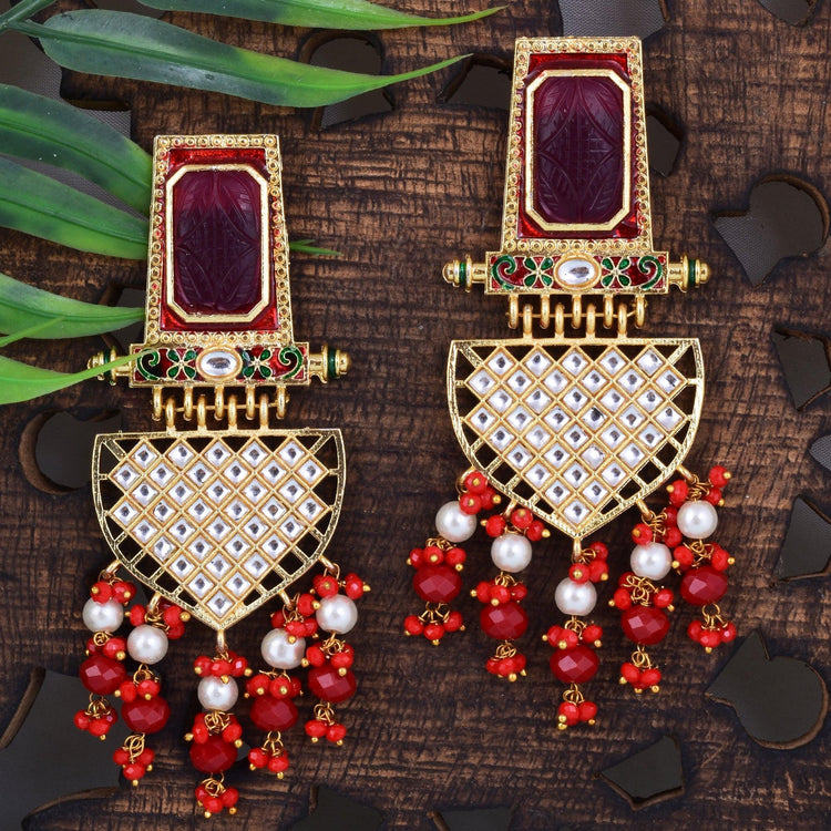 Square Stone Geometrical Design Jaipuri Earring - Steorra Jewels