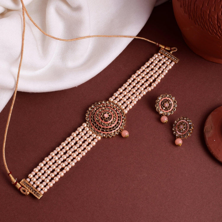 Traditional Indian Ethnic Kundan Pearl Choker Necklace Set - Steorra Jewels
