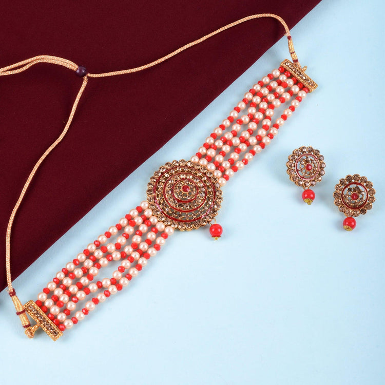 Traditional Indian Ethnic Kundan Pearl Choker Necklace Set - Steorra Jewels