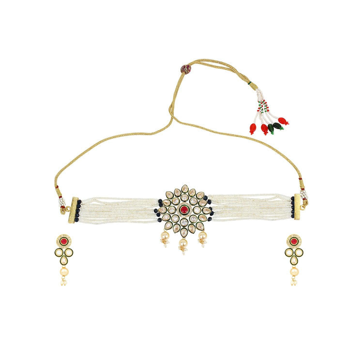 Traditional kundan choker Pearl Necklace Set - Steorra Jewels