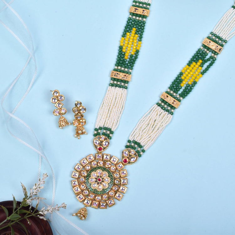 Traditional Kundan Embellished Green Long Necklace Set