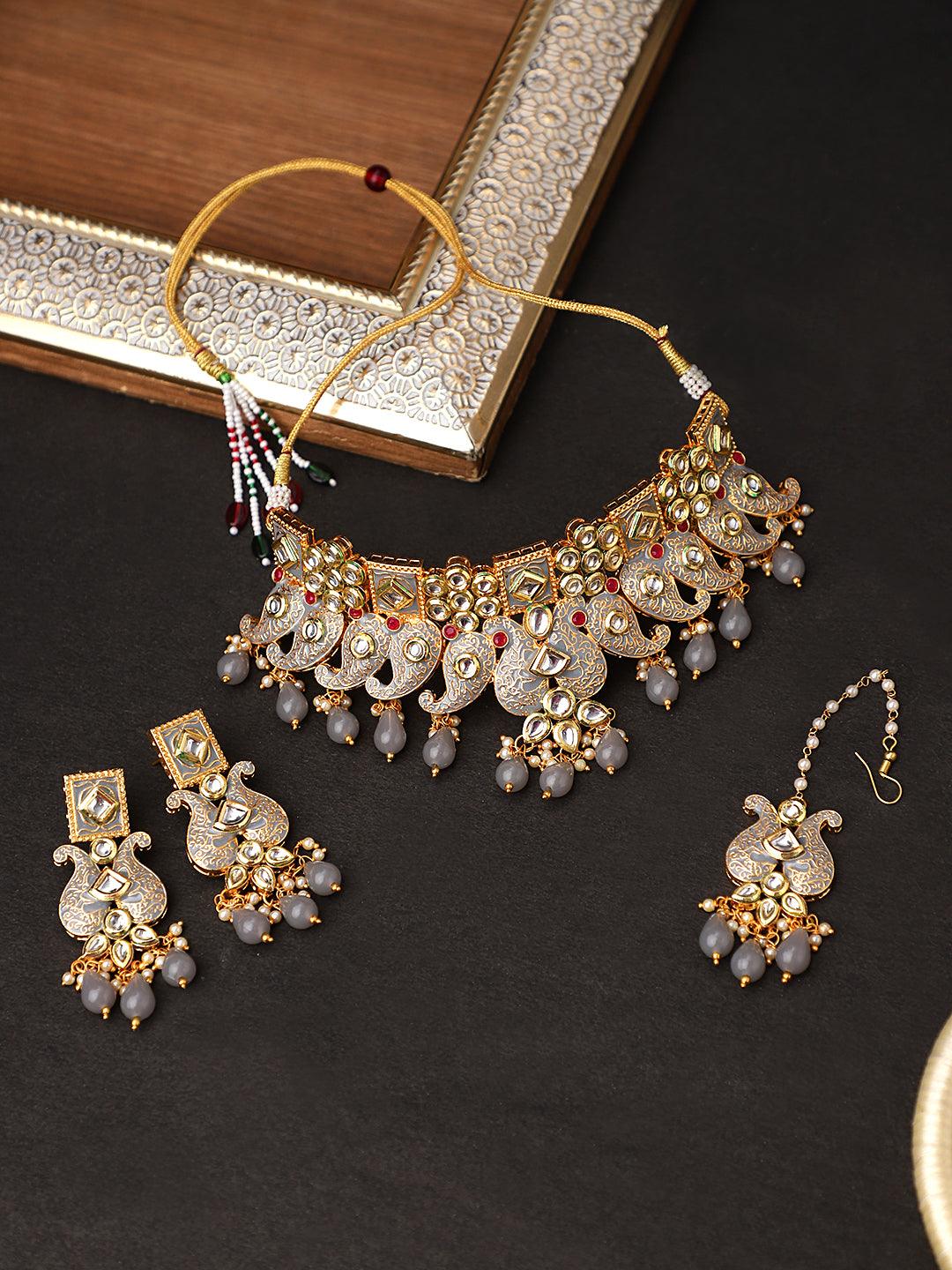 Traditional Kundan Jaipuri Choker Necklace Set - Steorra Jewels