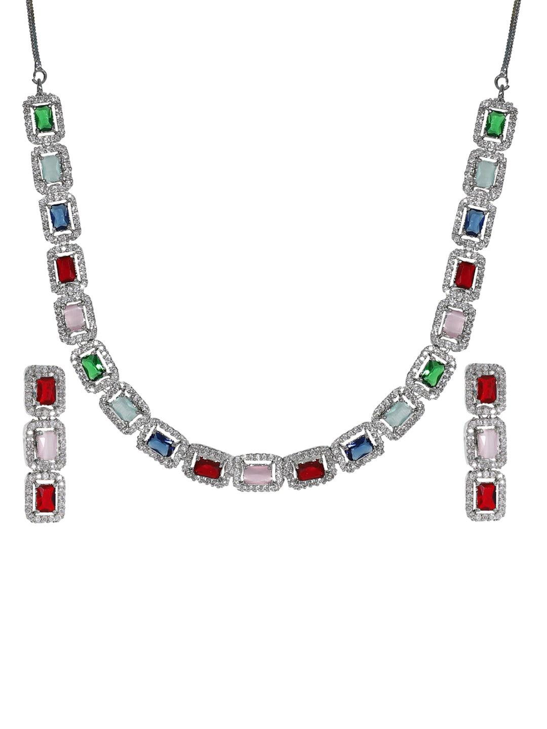 Wedding Collection White Multicolor Stone American Diamond Choker Necklace Set - Steorra Jewels