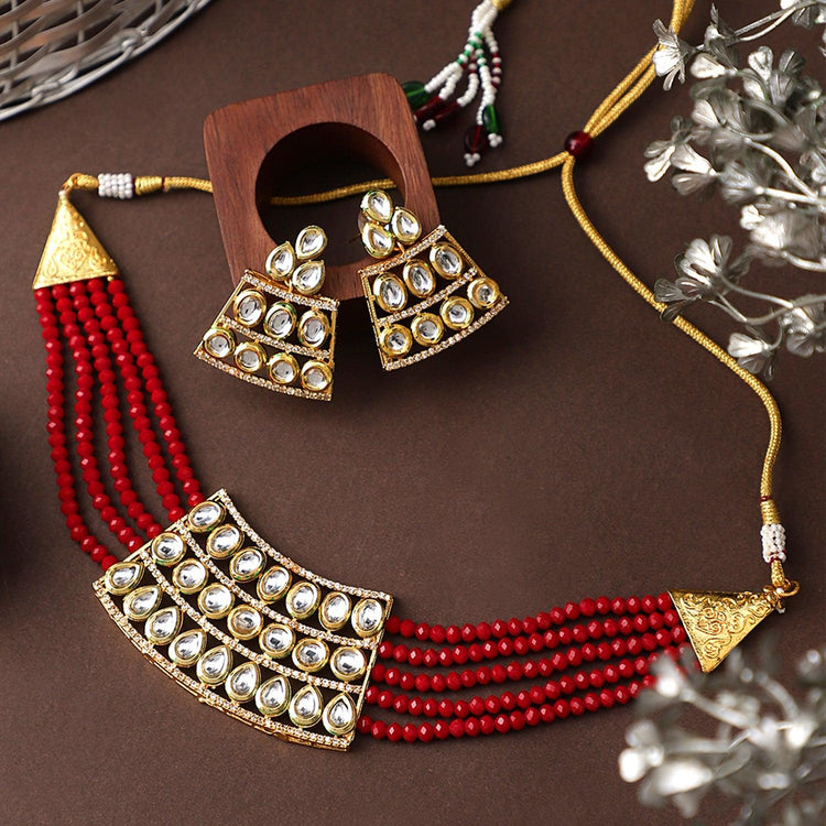 Wedding Jewellery Heavy Kundan Studded Handcrafted Red Beads Choker Necklace Set - Steorra Jewels