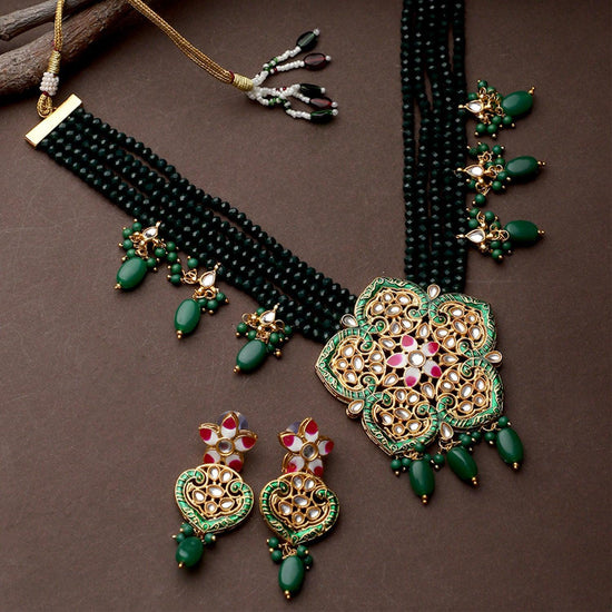 Wedding Style Kundan Green Jaipuri Long Necklace Set