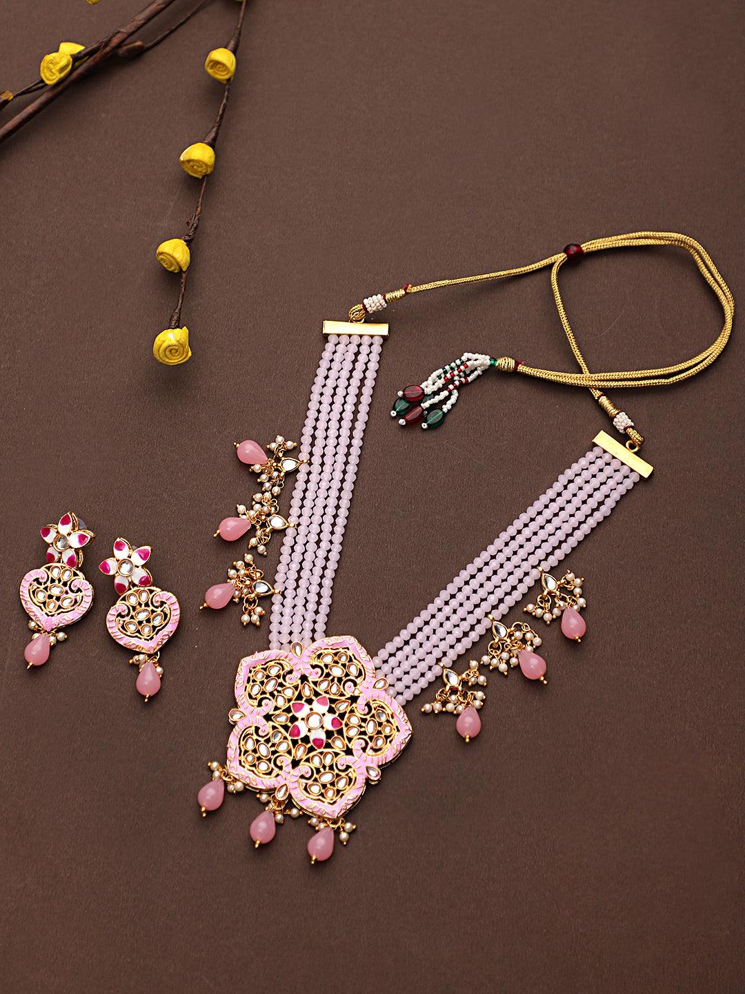 Wedding Style Kundan Pink Jaipuri Long Necklace Set