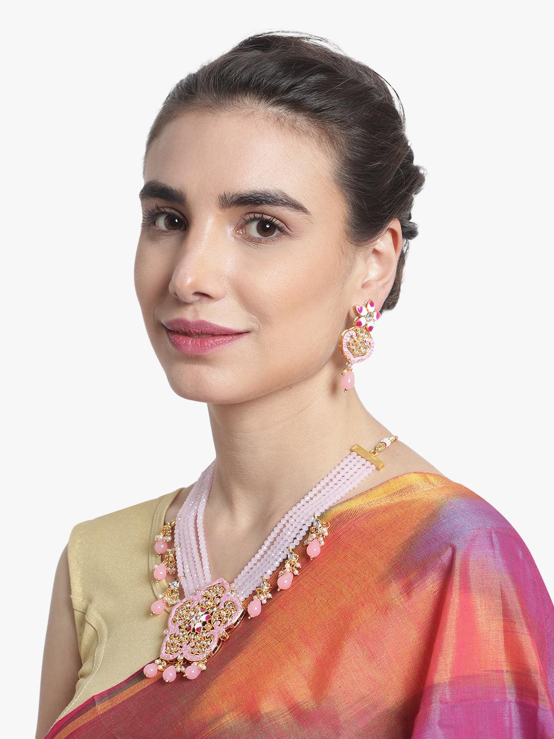 Wedding Style Kundan Pink Jaipuri Long Necklace Set