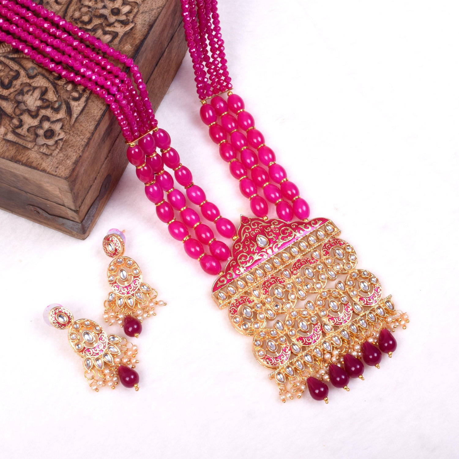 Wedding Style Pink Kundan Long Necklace Set