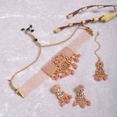 Wedding Wear Peach Kundan Choker Necklace Set for Women and Girls
