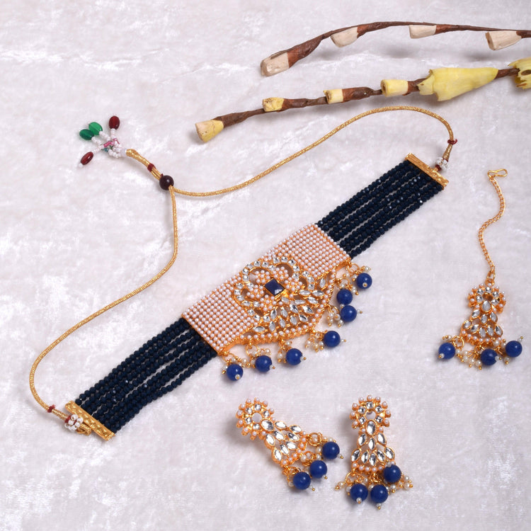 Wedding Wear Dark Blue Kundan Choker Necklace Set for Women and Girls