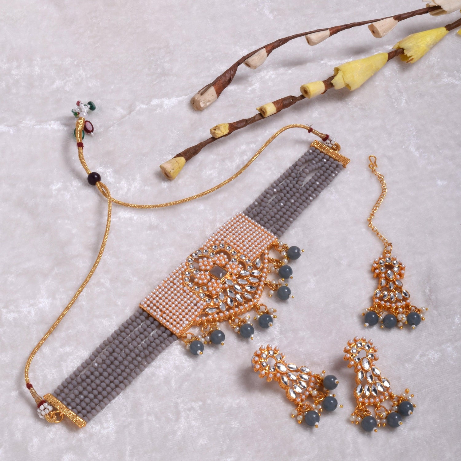 Wedding Wear Grey Kundan Choker Necklace Set for Women and Girls