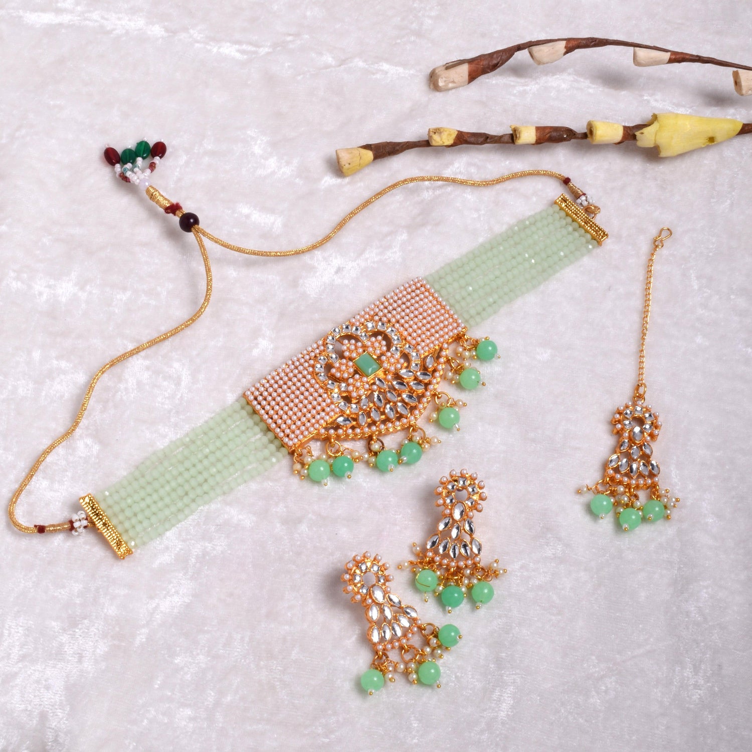 Wedding Wear Light Green Kundan Choker Necklace Set for Women and Girls
