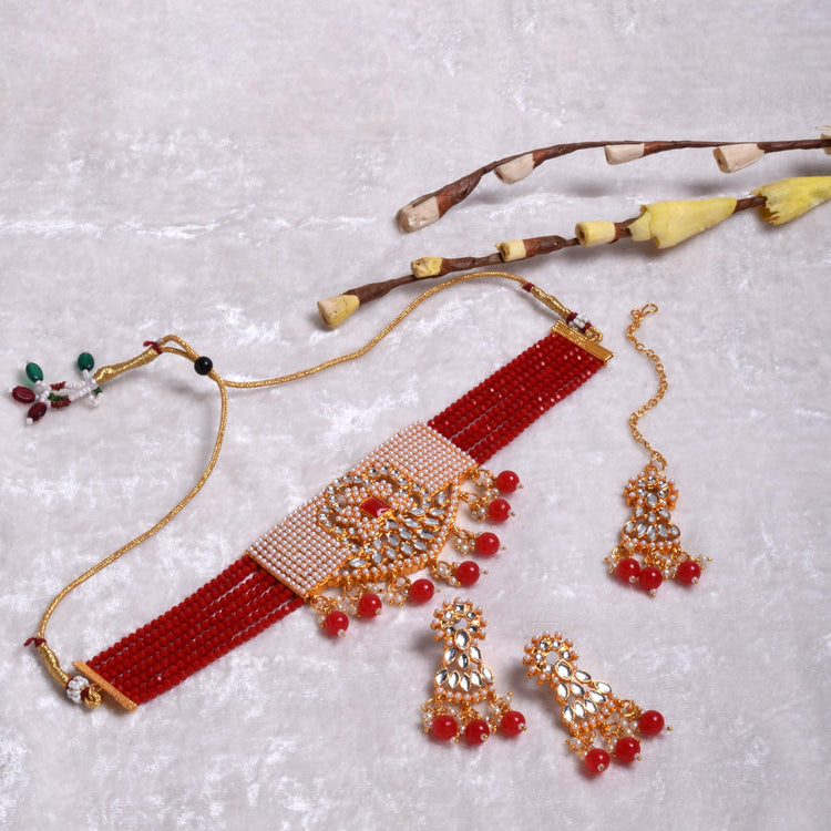 Wedding Wear Red Kundan Choker Necklace Set for Women and Girls