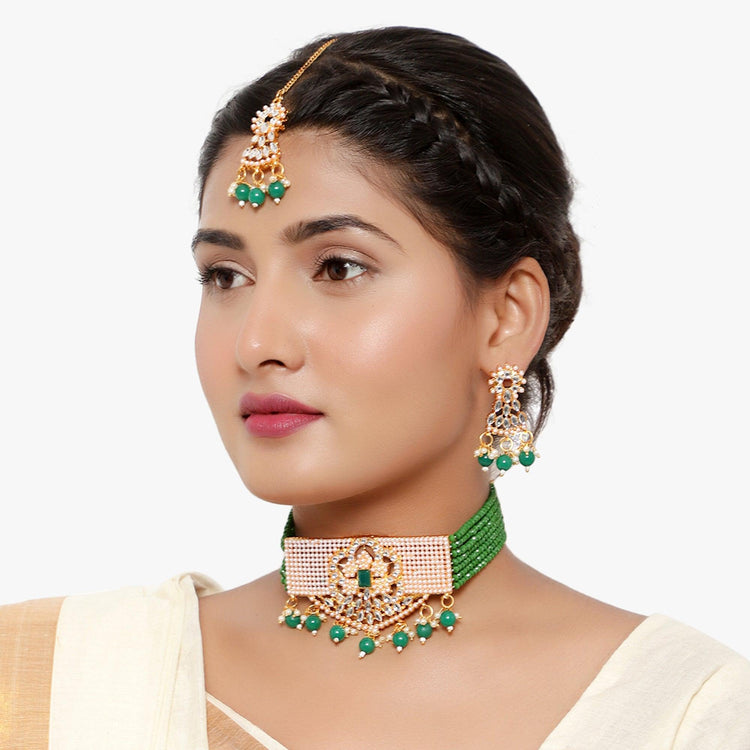 Wedding Wear Green Kundan Choker Necklace Set for Women and Girls