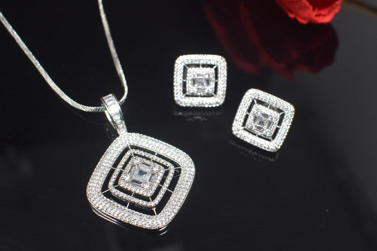 White American Diamond Stone Long Pendant Chain Necklace Set - Steorra Jewels