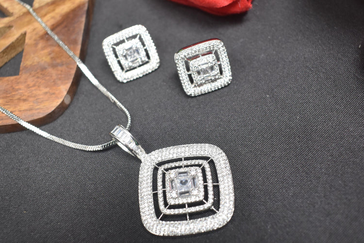 White American Diamond Stone Long Pendant Chain Necklace Set - Steorra Jewels