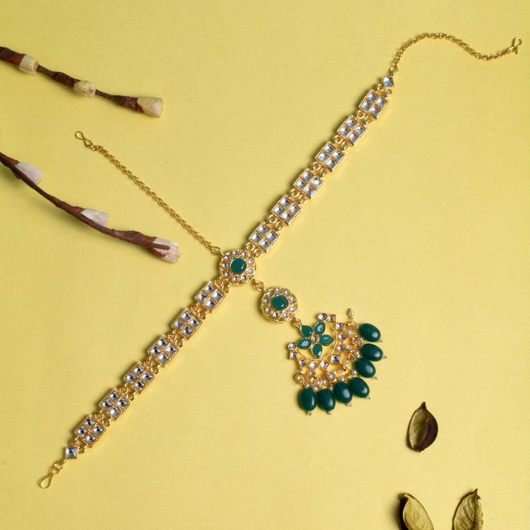 Green and Silver Stone Studded Maangpatti