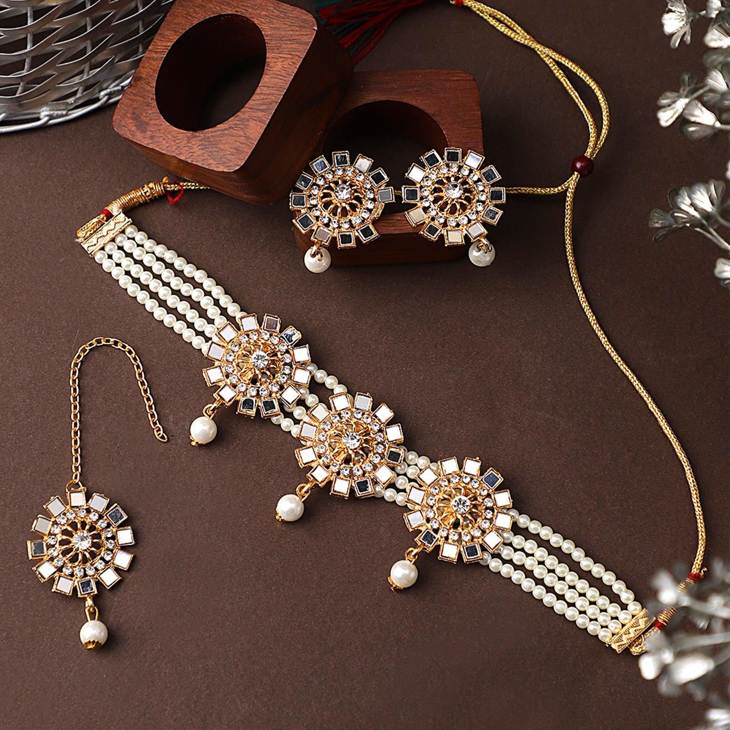 White Kundan Stone Choker Necklace Set for Women and Girls